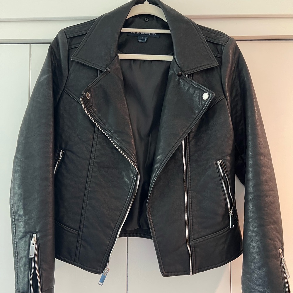 French Connection Black Faux Leather Moto Jacket with Zipper